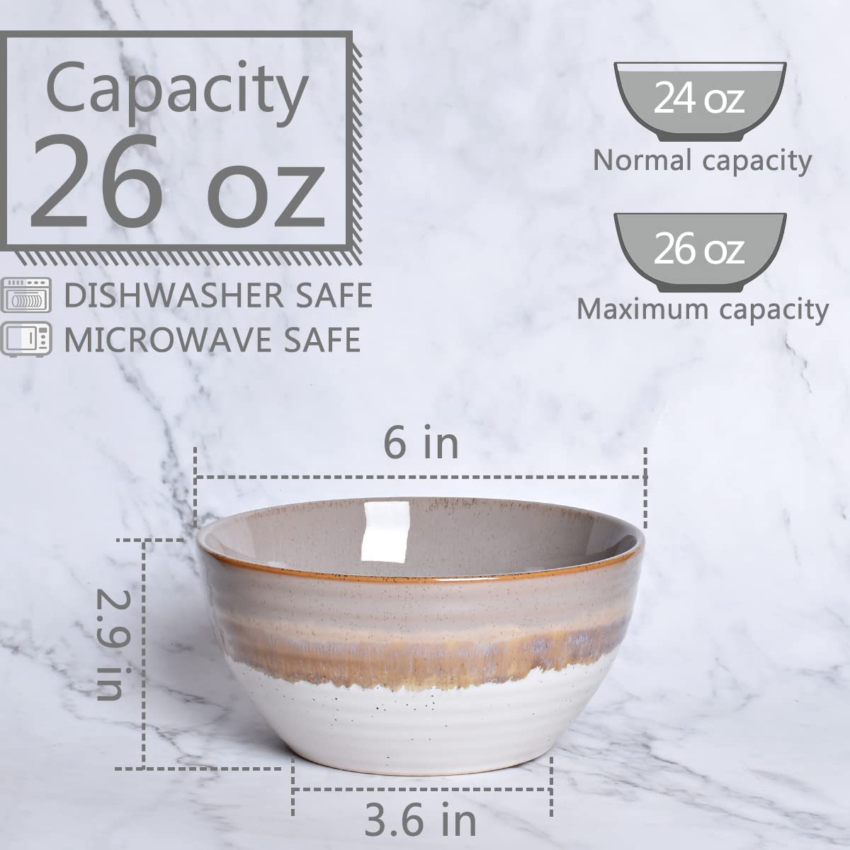 Ceramic Cereal Bowl Set of 4, 26 Oz, 6 in M1910