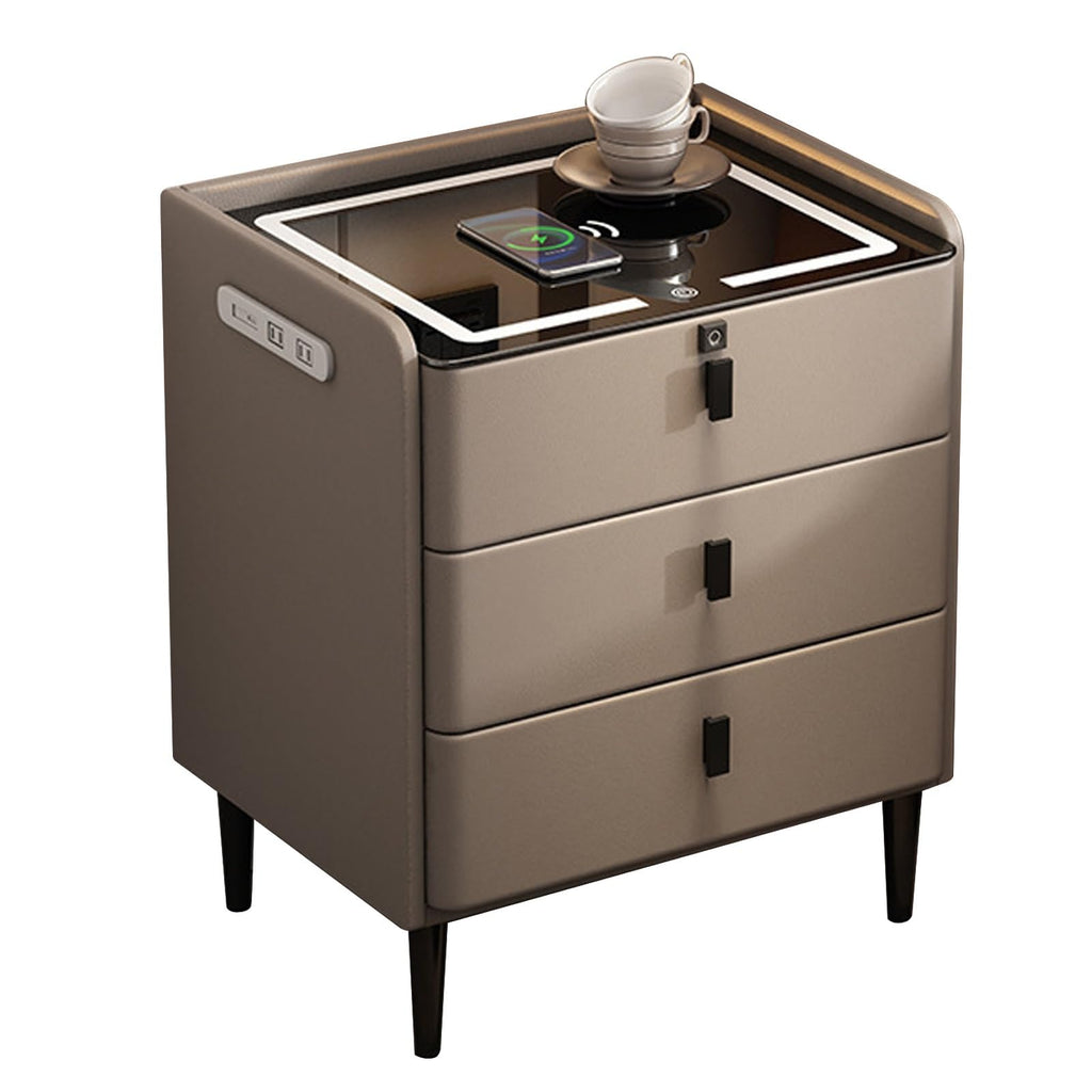 Khaki Nightstand with Wireless Charging Station and 3 Drawers X81105