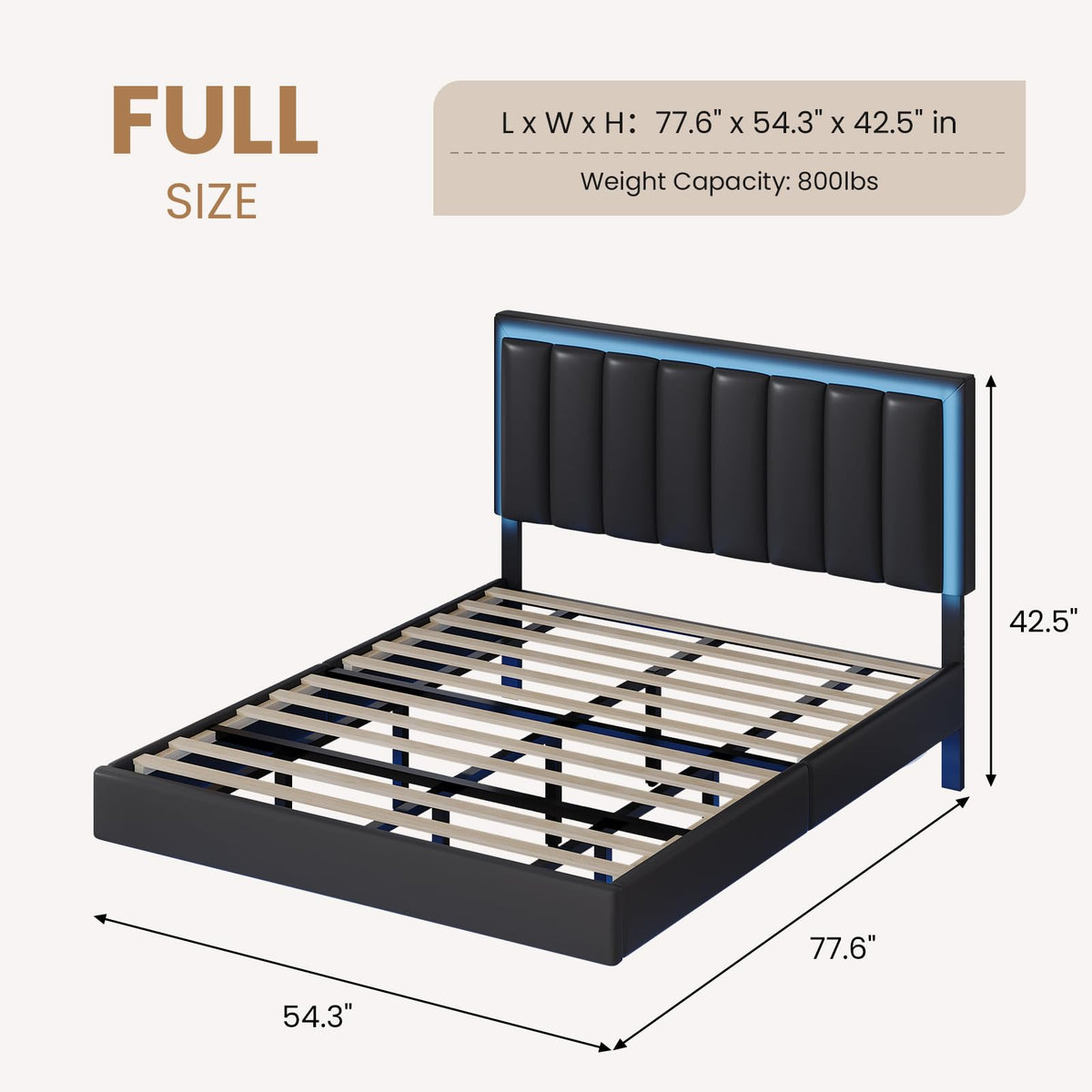 Black Full Size Floating Bed Frame with LED Lights O228