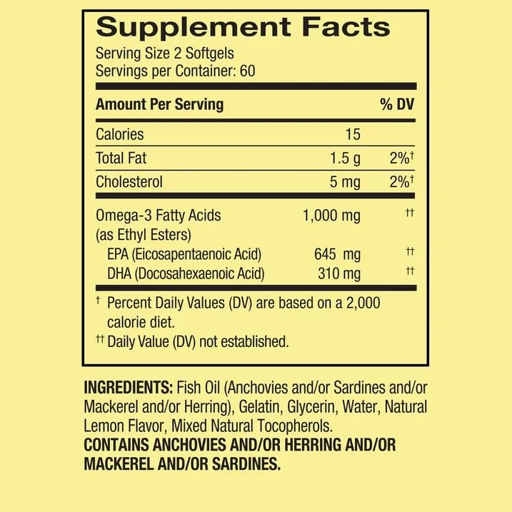 Omega-3 Fish Oil 1000 mg 120 Count Softgels Dietary Supplement X435