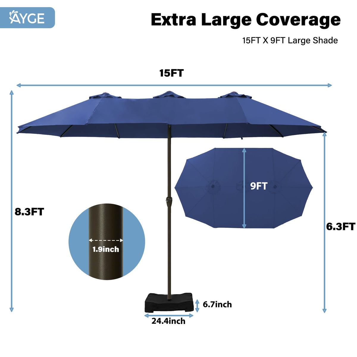 15FT Double-Sided Rectangle Patio Umbrella with Base O91793