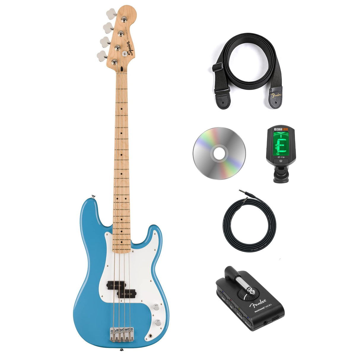 California Blue Precision Bass Guitar Bundle with Headphone Amp, Cable, Tuner, Strap O673