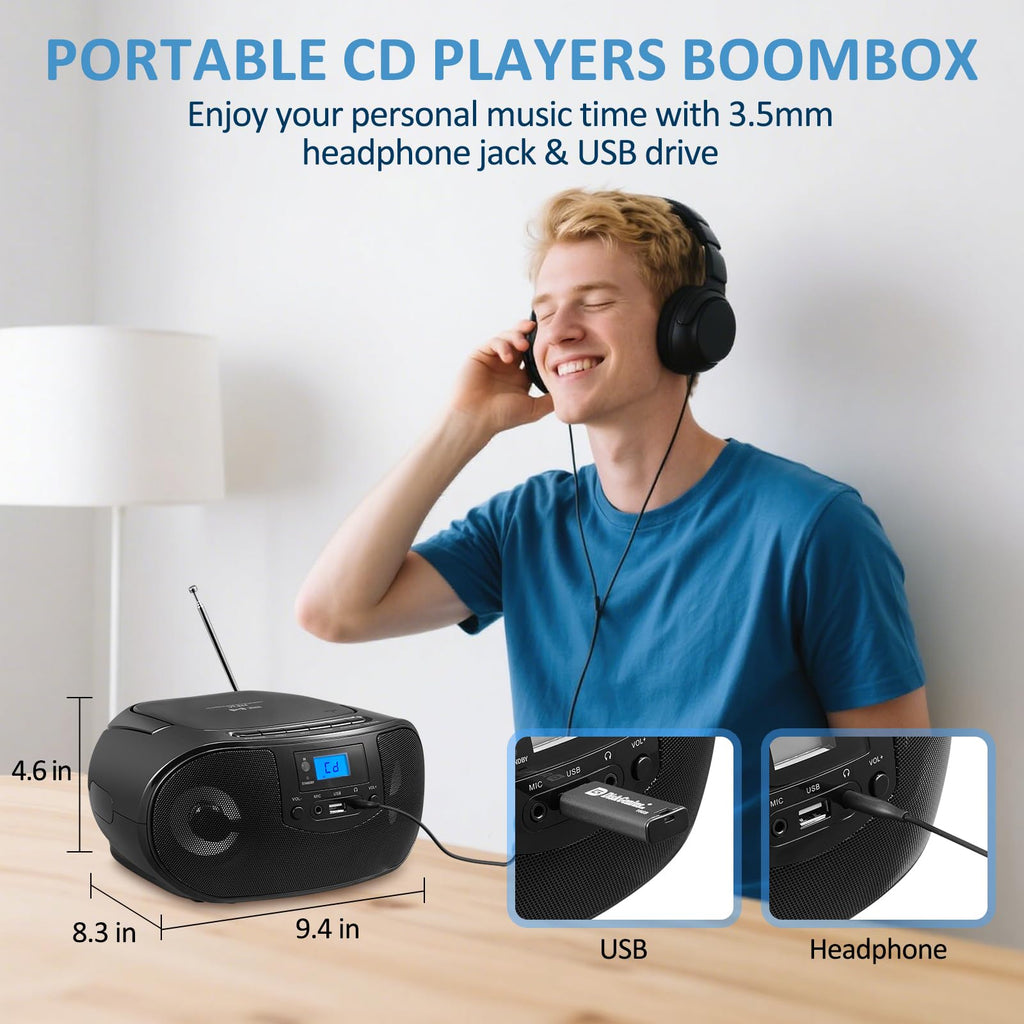 Portable CD Player Boombox with FM Radio, Bluetooth, Remote Control, Black K845072