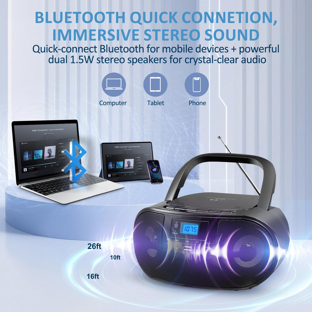 Portable CD Player Boombox with FM Radio, Bluetooth, Remote Control, Black K845072
