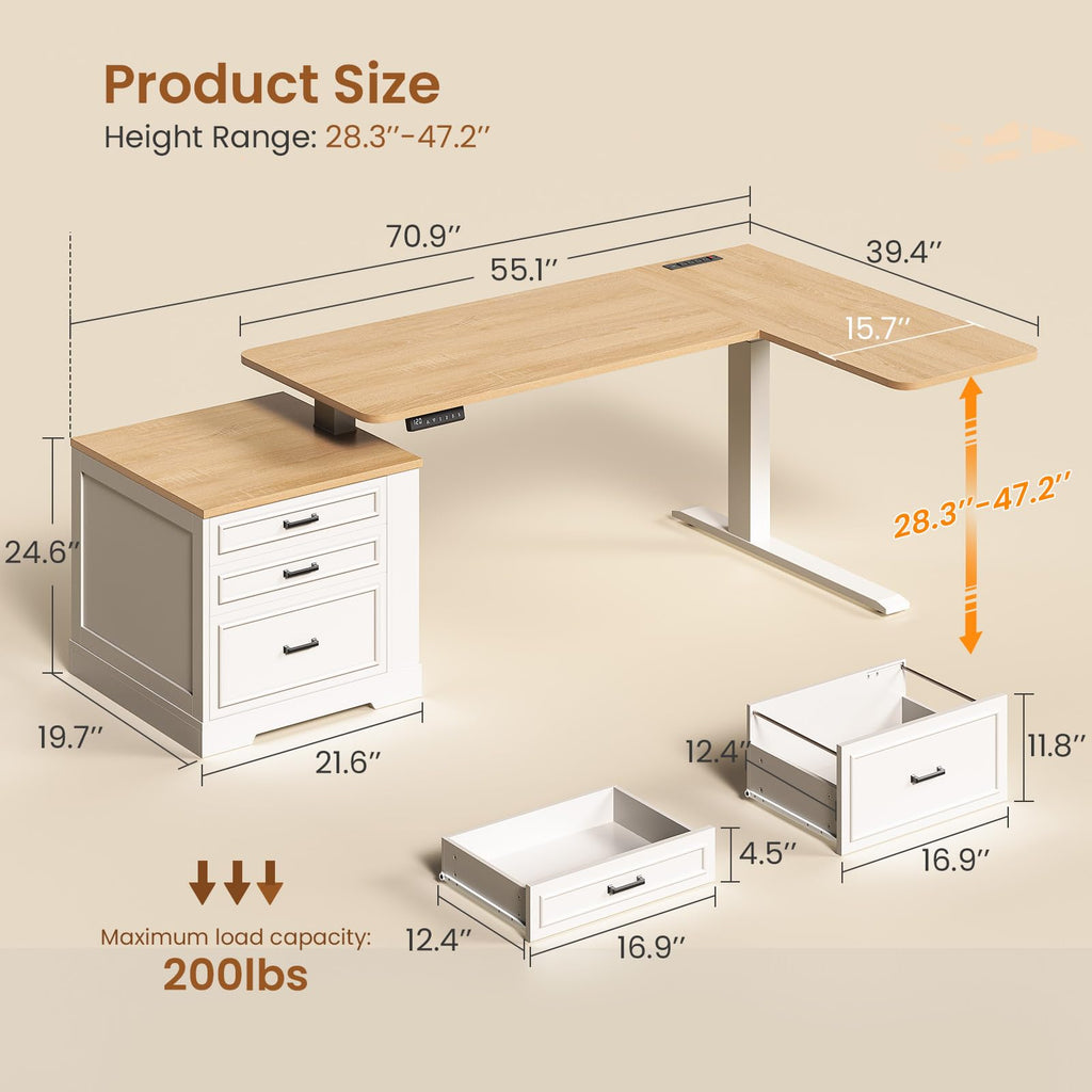 L Shaped Height Adjustable Standing Desk with 3 Drawers R147