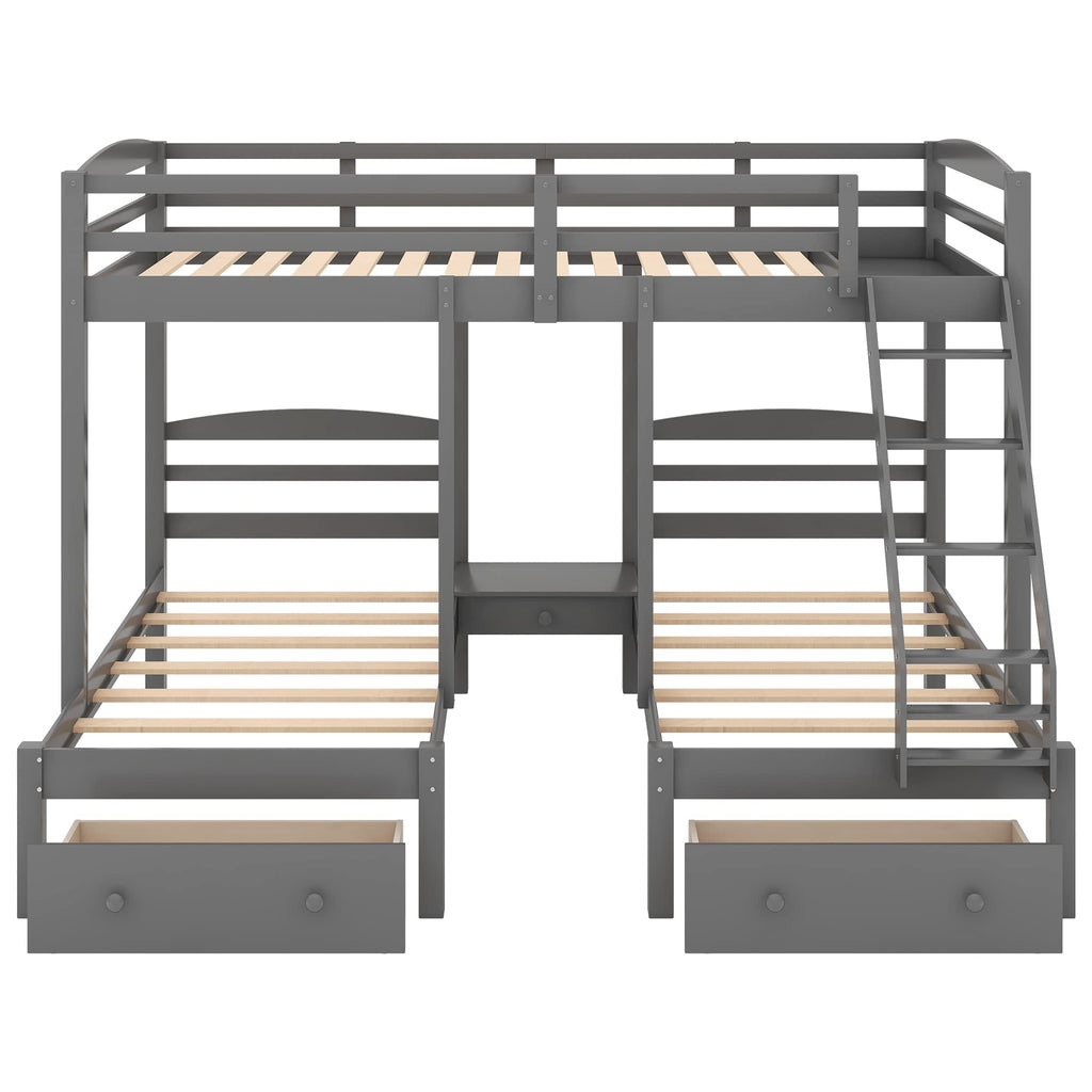 Full Over 2 Twin Wood Triple Bunk Bed with 3 Drawers and Guardrails H78117