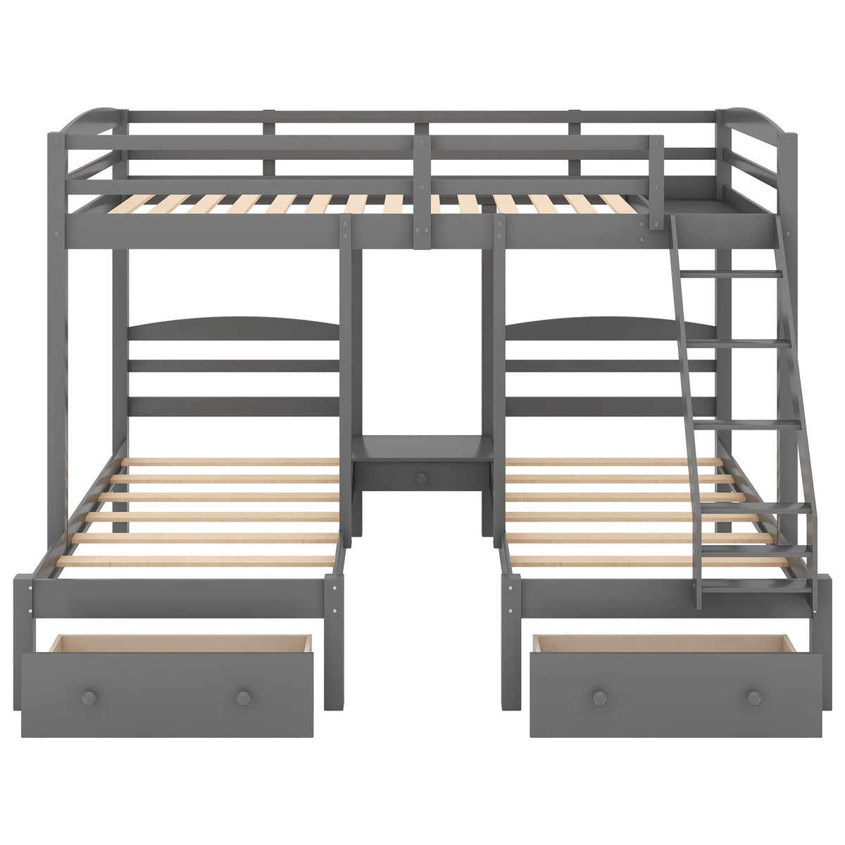 Full Over 2 Twin Wood Triple Bunk Bed with 3 Drawers and Guardrails H78117