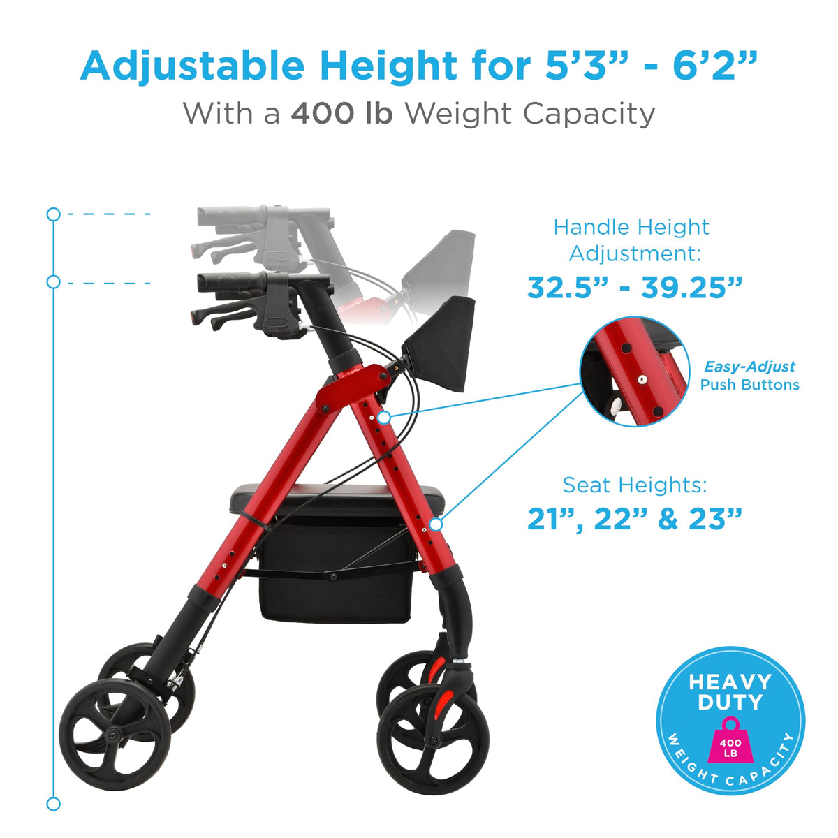 Foldable Rollator Walker with Seat, 400 lb Weight Capacity, 8” All-Terrain Wheels, Red U4387