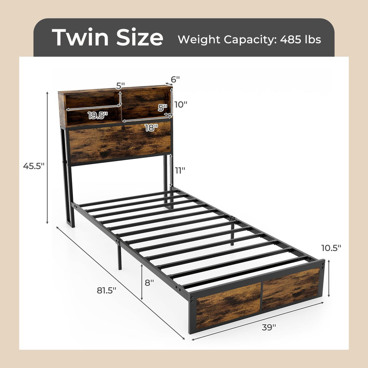 Twin Metal Platform Bed Frame with Storage Headboard Z541