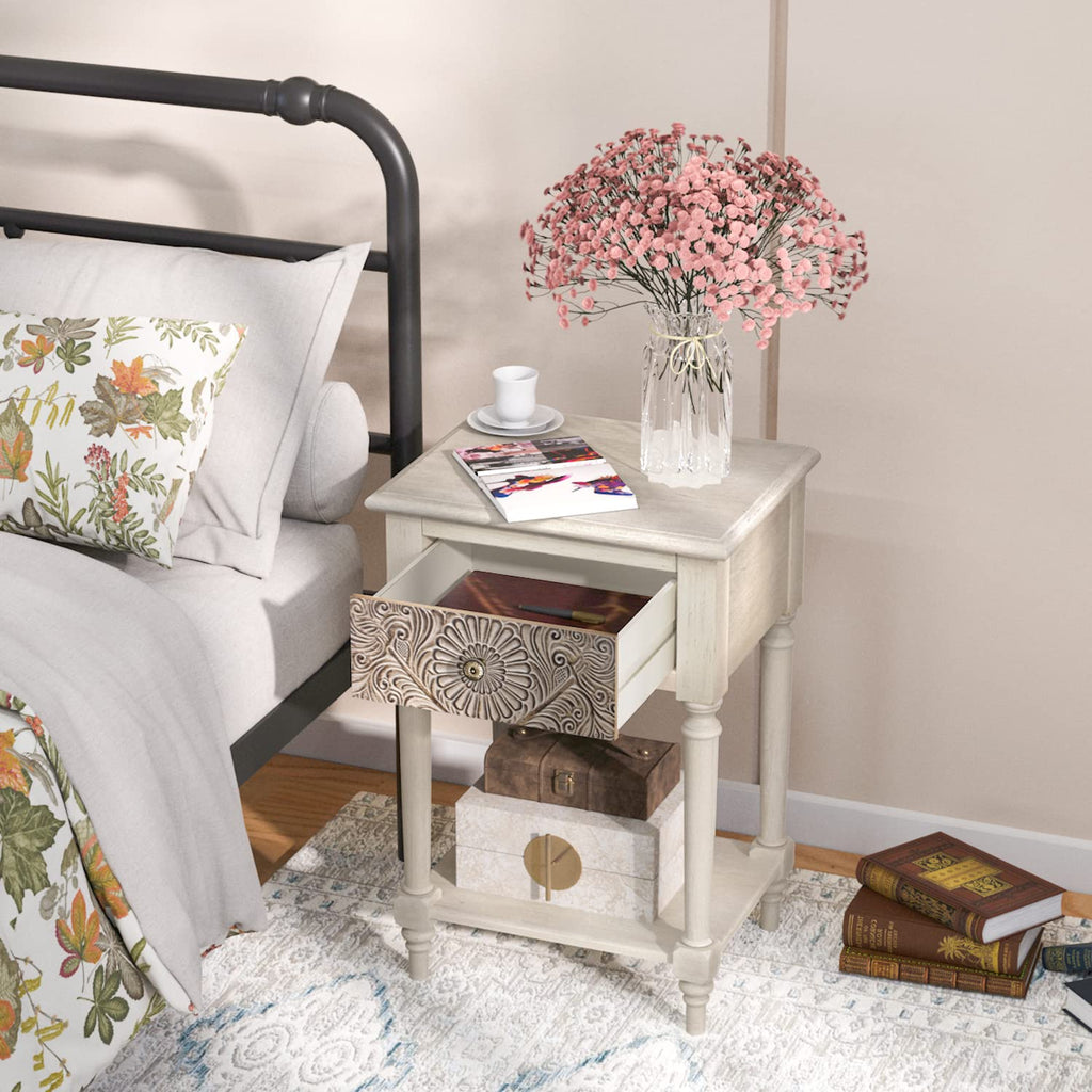 Vintage Wood Nightstand Set of 2 with Drawer and Open Shelf S237205