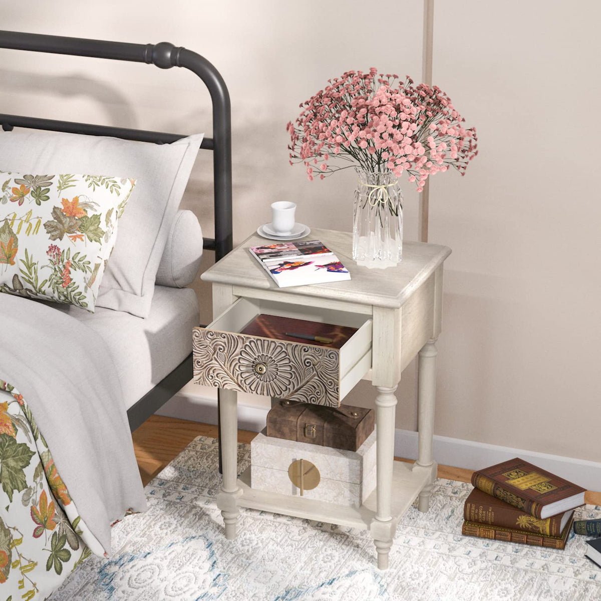 Vintage Wood Nightstand Set of 2 with Drawer and Open Shelf S237205