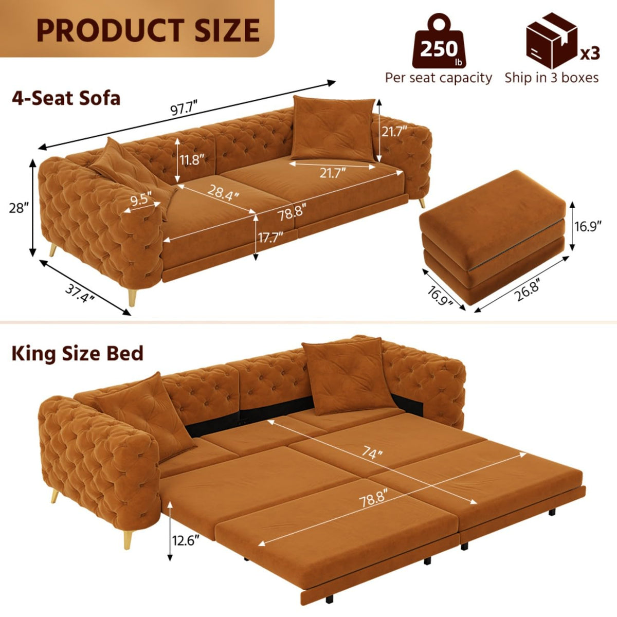 Queen Size Velvet Convertible Sofa Bed with Ottoman S2364