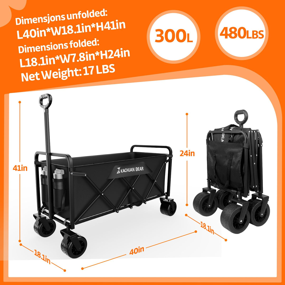 300L Foldable Collapsible Wagon Cart with All-Terrain Wheels Q133