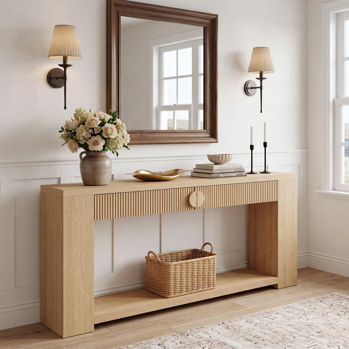 Oak Console Table with Storage Drawers T6205
