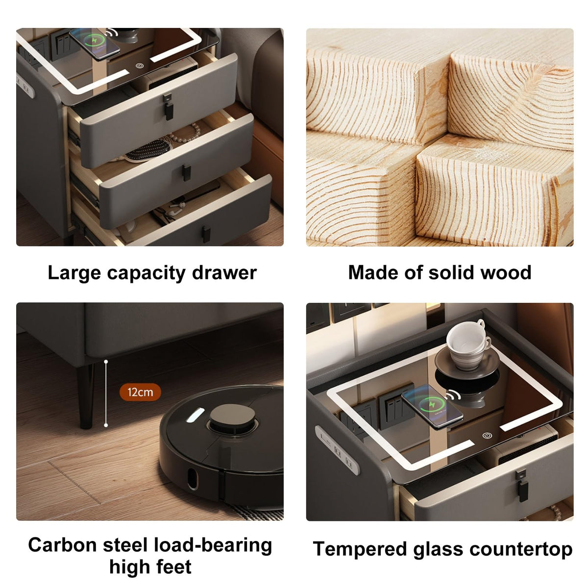Khaki Nightstand with Wireless Charging Station and 3 Drawers X81105