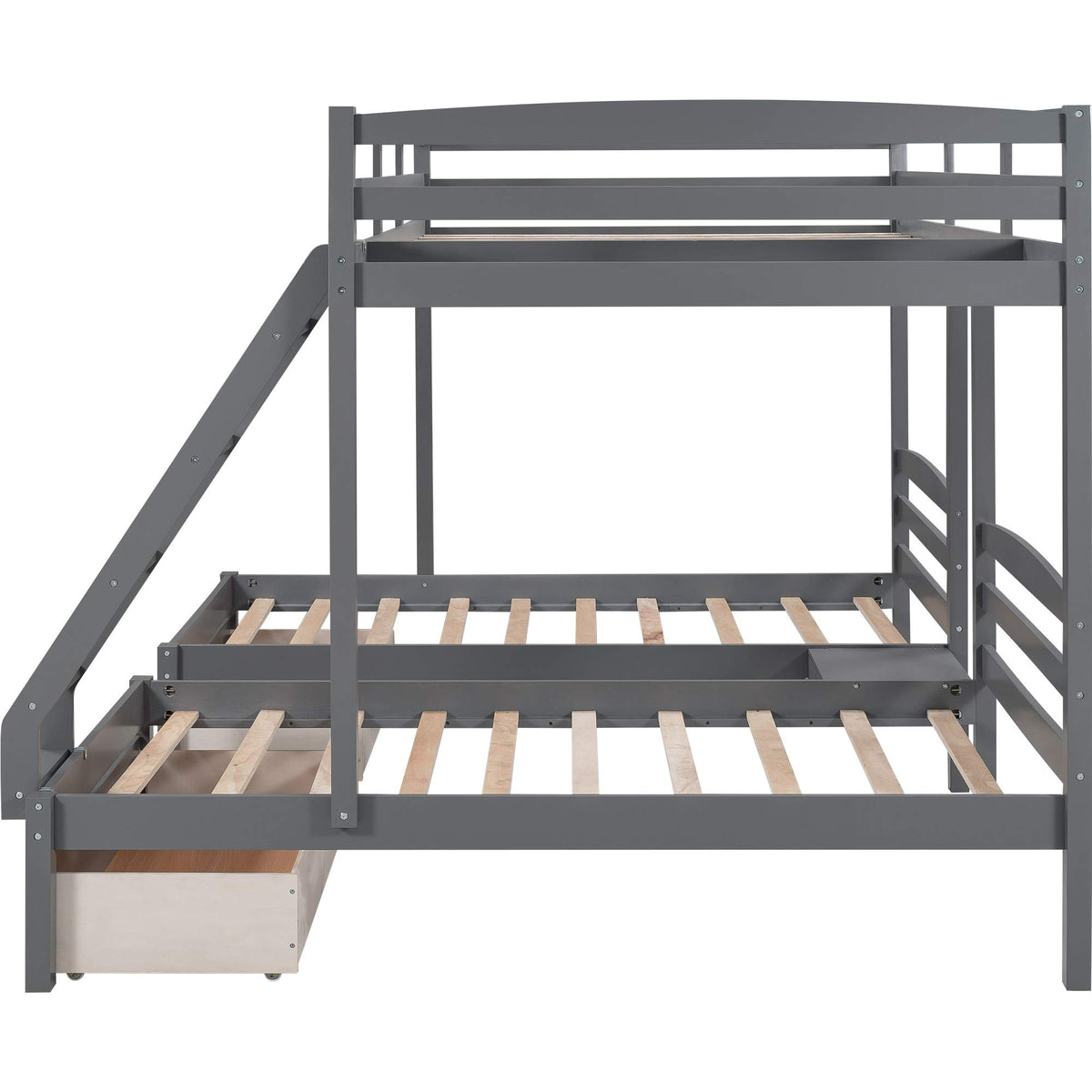 Full Over 2 Twin Wood Triple Bunk Bed with 3 Drawers and Guardrails H78117