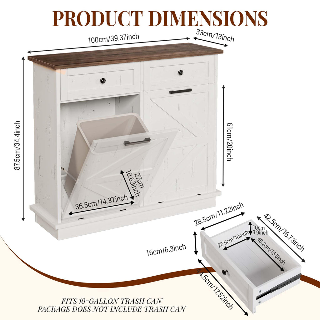 White Double Tilt Out Trash Can Cabinet with 2 Storage Drawers M359402
