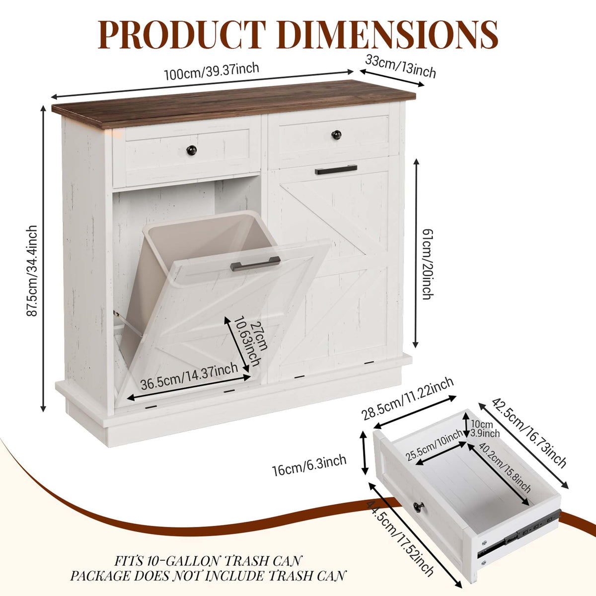 White Double Tilt Out Trash Can Cabinet with 2 Storage Drawers M359402