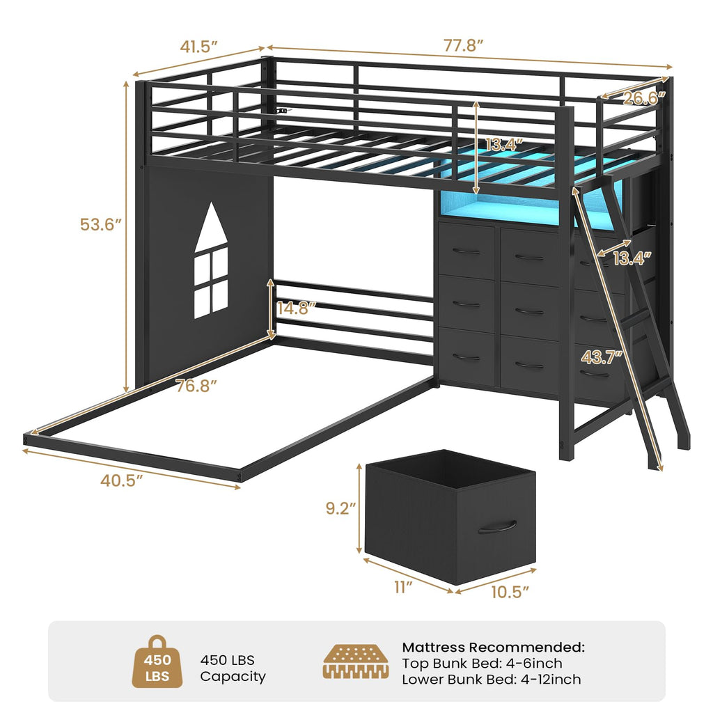 Twin Over Twin L-Shaped Bunk Bed with 9 Storage Drawers, LED Lights, Guardrail & Ladder, Black D534783