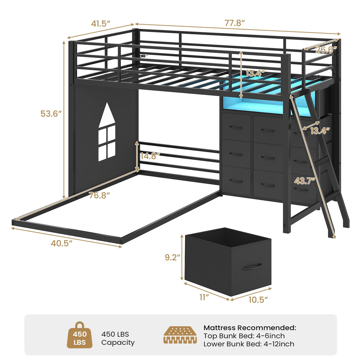 Twin Over Twin L-Shaped Bunk Bed with 9 Storage Drawers, LED Lights, Guardrail & Ladder, Black D534783