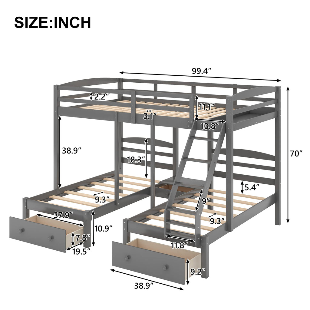Full Over 2 Twin Wood Triple Bunk Bed with 3 Drawers and Guardrails H78117