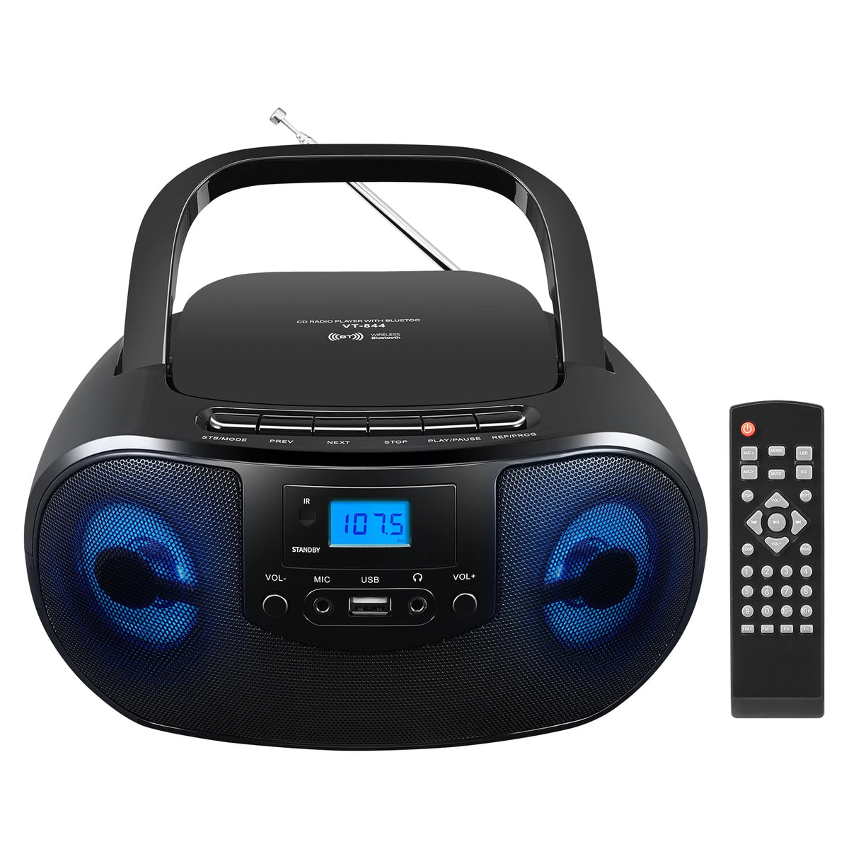 Portable CD Player Boombox with FM Radio, Bluetooth, Remote Control, Black K845072