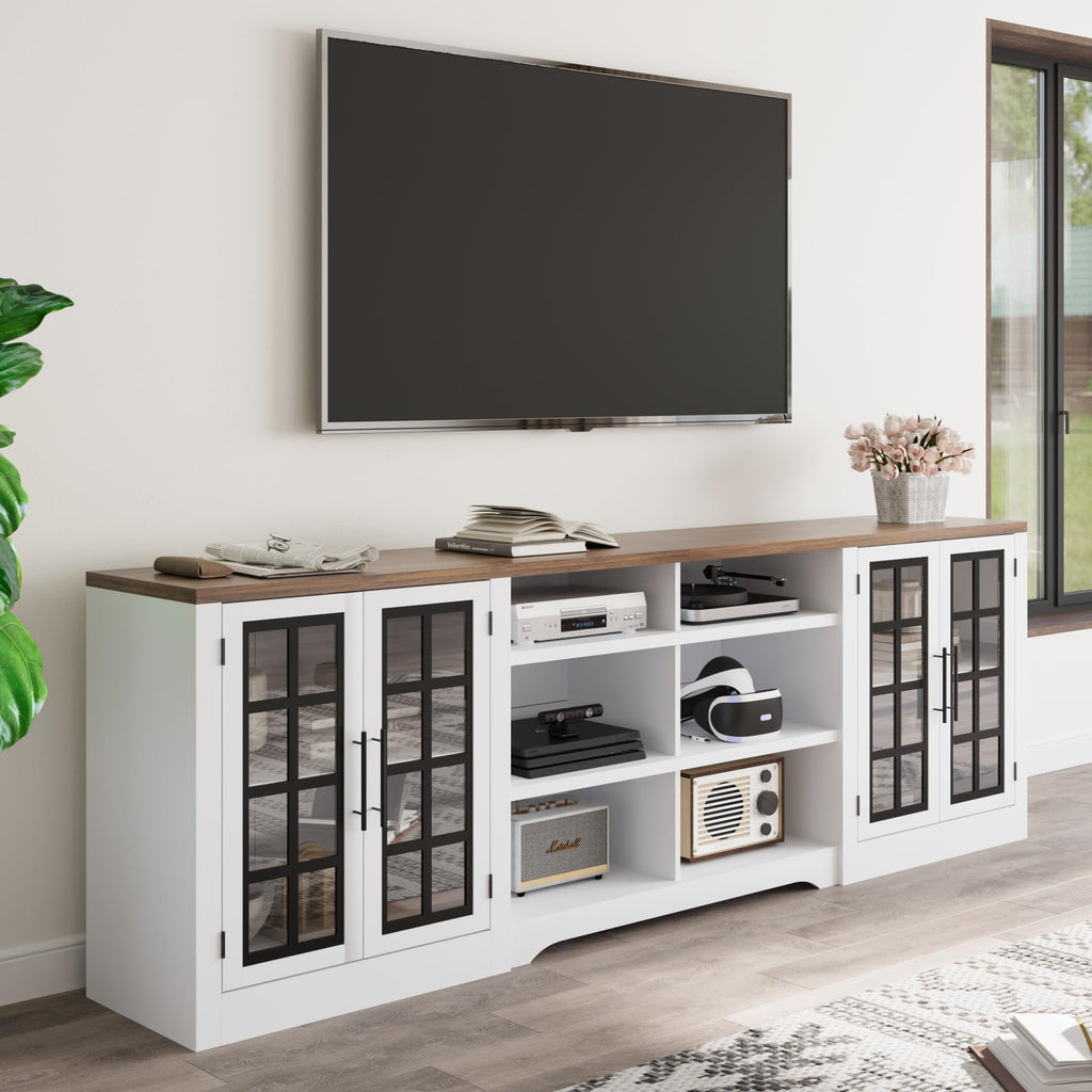 White TV Stand with Storage Cabinet and 3-Tier Open Shelves B21673