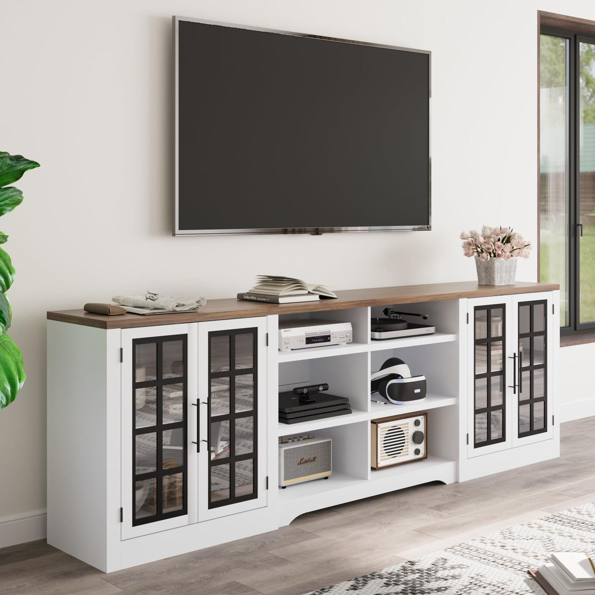 White TV Stand with Storage Cabinet and 3-Tier Open Shelves B21673