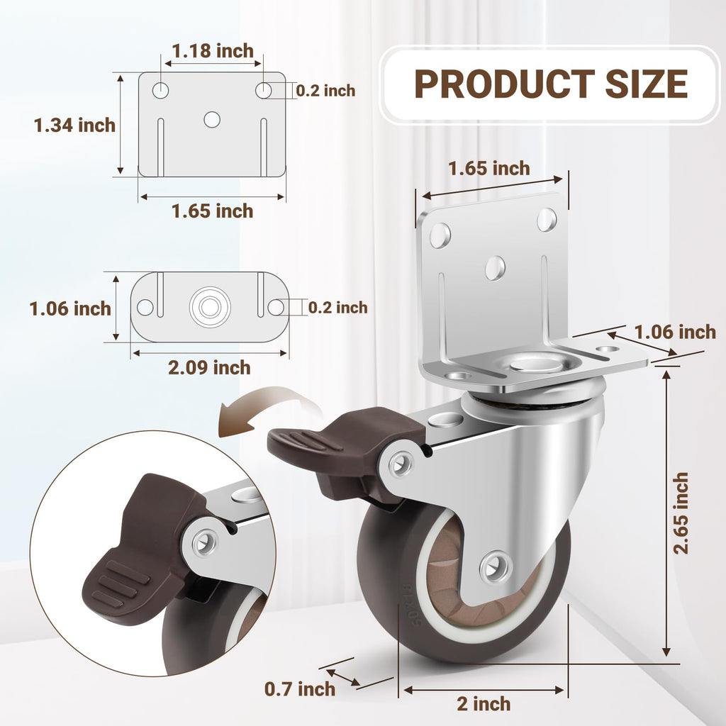 2 Inch L-Shaped Rubber Casters Set of 4 with Brakes E486327