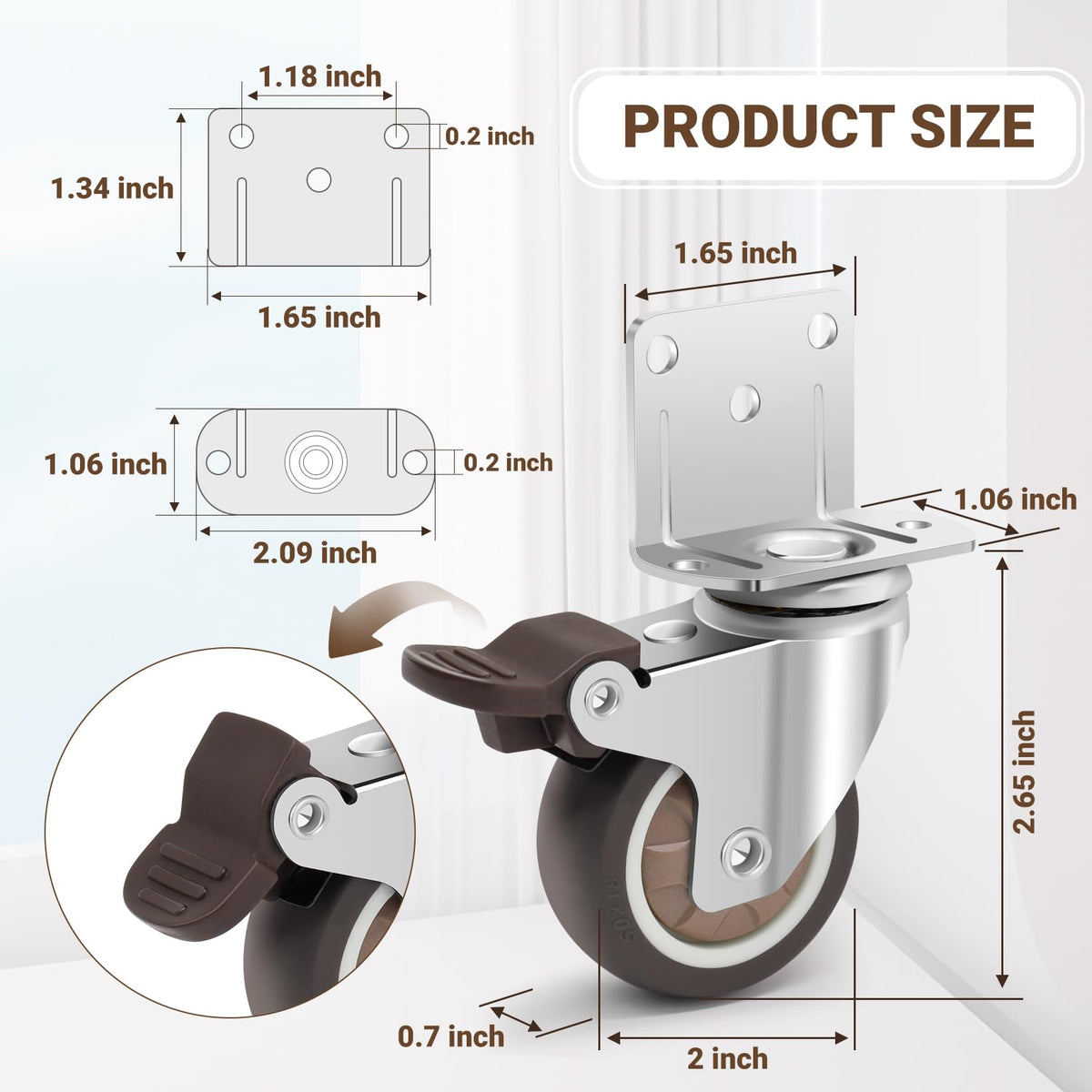 2 Inch L-Shaped Rubber Casters Set of 4 with Brakes E486327