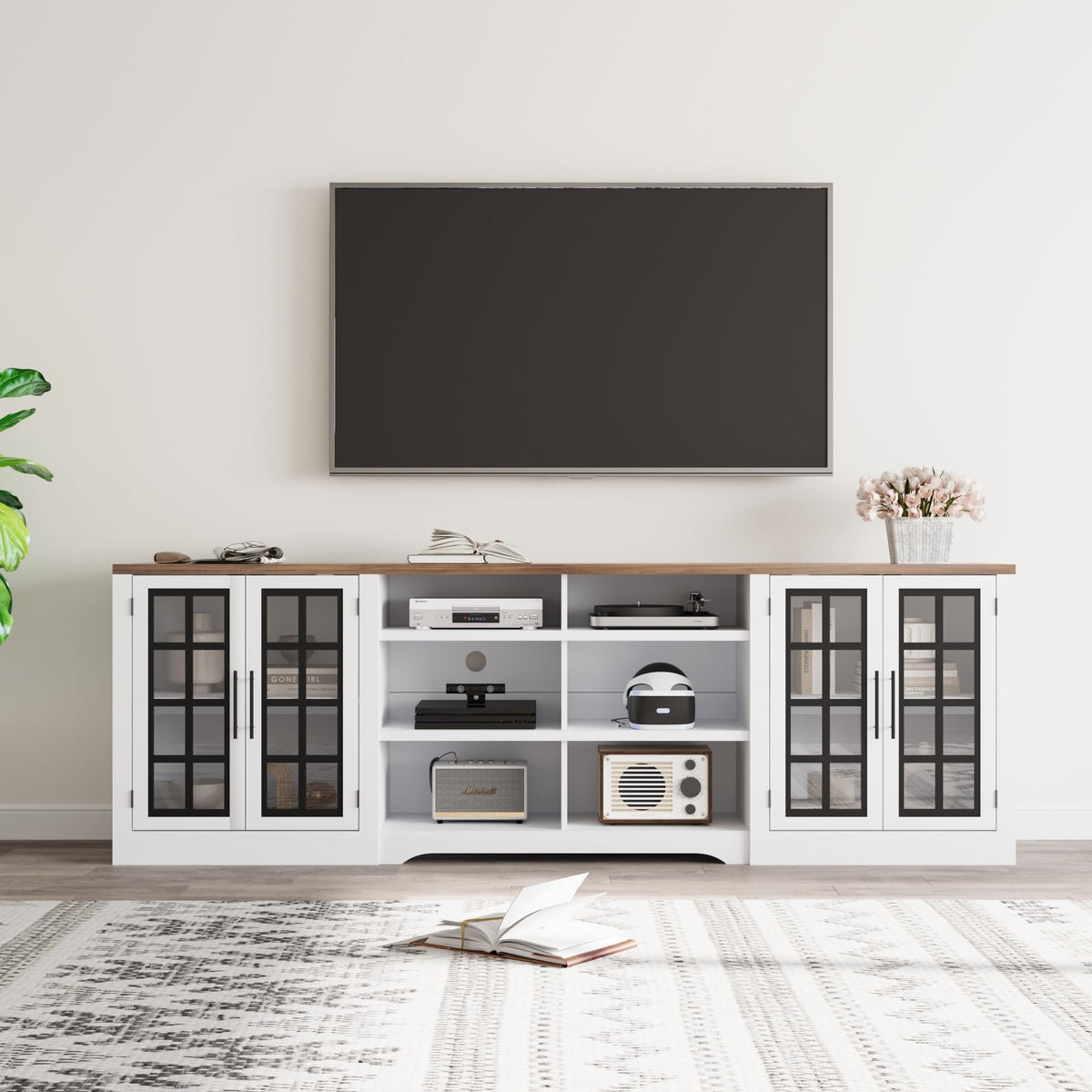 White TV Stand with Storage Cabinet and 3-Tier Open Shelves B21673