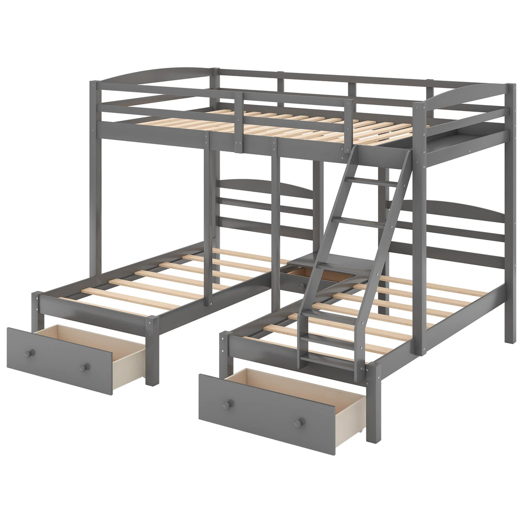 Full Over 2 Twin Wood Triple Bunk Bed with 3 Drawers and Guardrails H78117