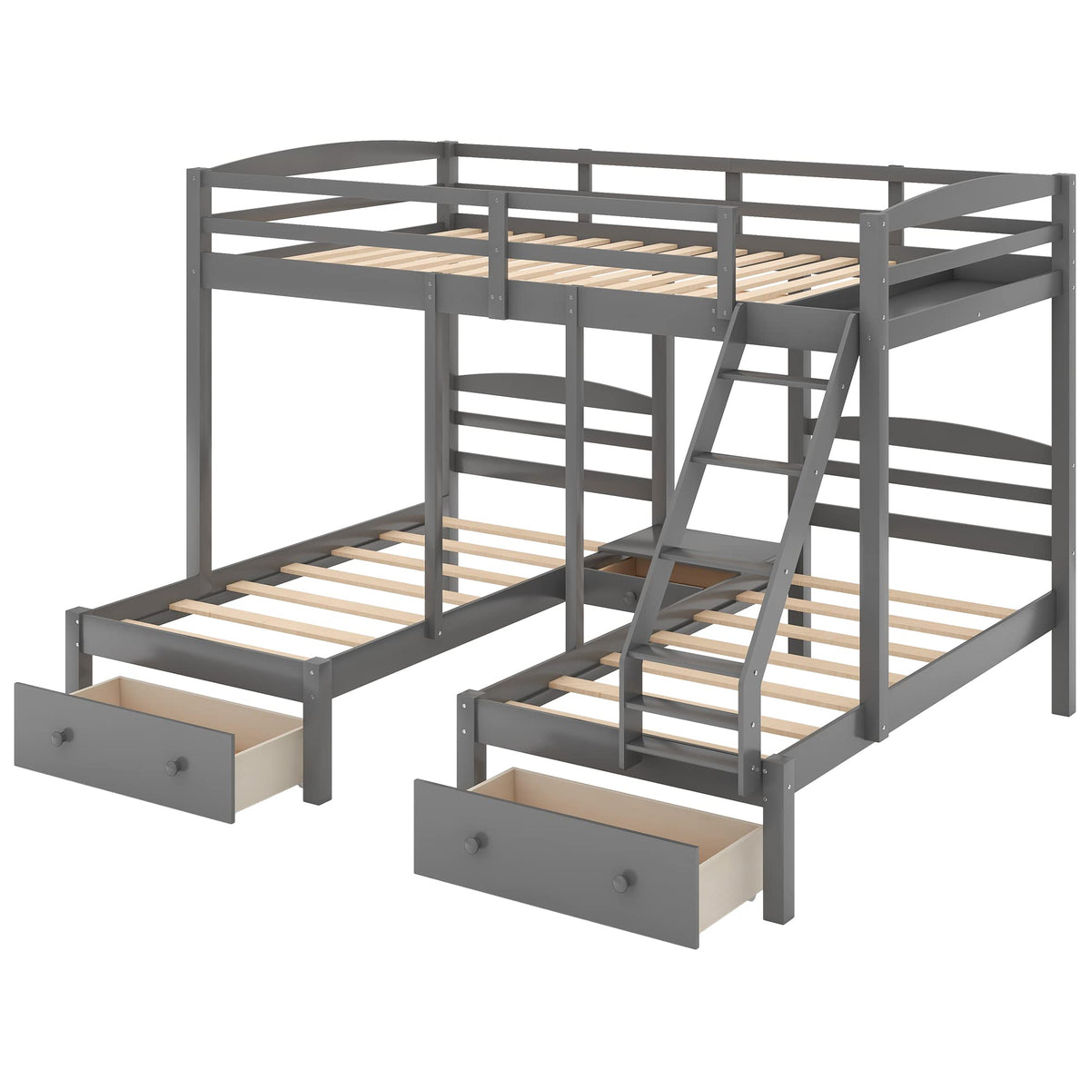 Full Over 2 Twin Wood Triple Bunk Bed with 3 Drawers and Guardrails H78117