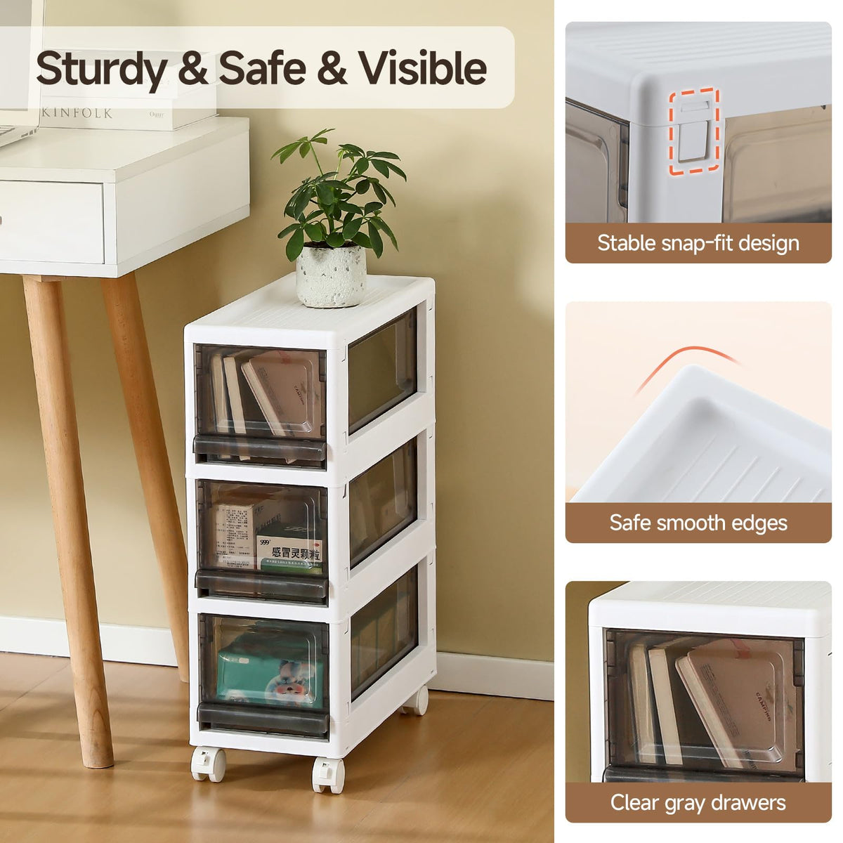 3 Drawer Plastic Storage Organizer with Wheels T588