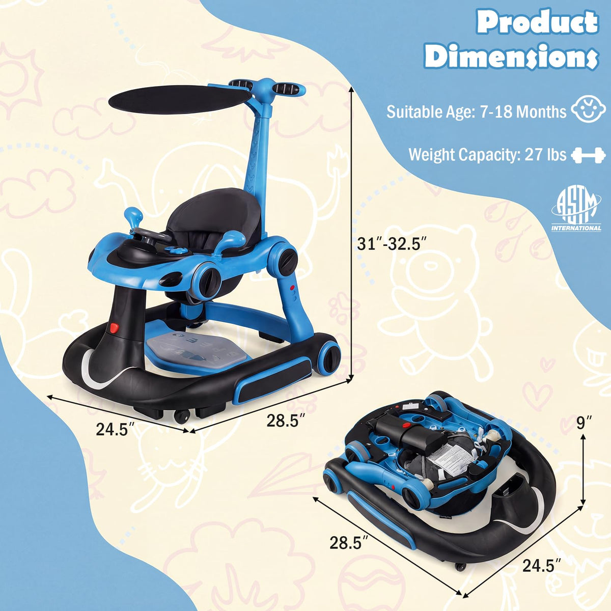 Foldable Baby Walker with Canopy and Wheels G959489