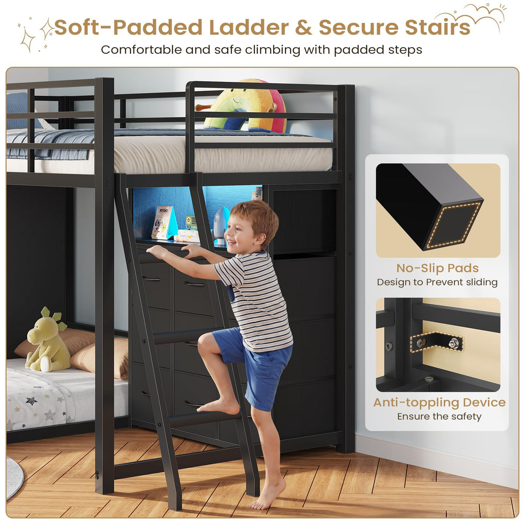 Twin Over Twin L-Shaped Bunk Bed with 9 Storage Drawers, LED Lights, Guardrail & Ladder, Black D534783