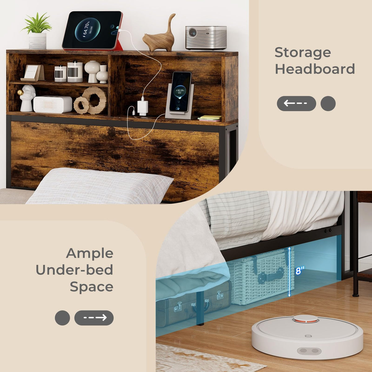 Twin Metal Platform Bed Frame with Storage Headboard Z541