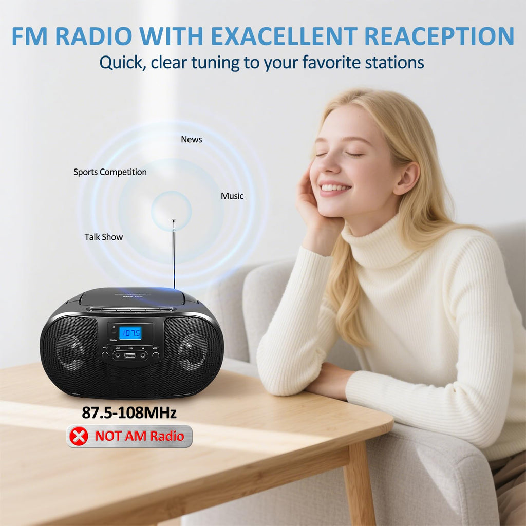 Portable CD Player Boombox with FM Radio, Bluetooth, Remote Control, Black K845072