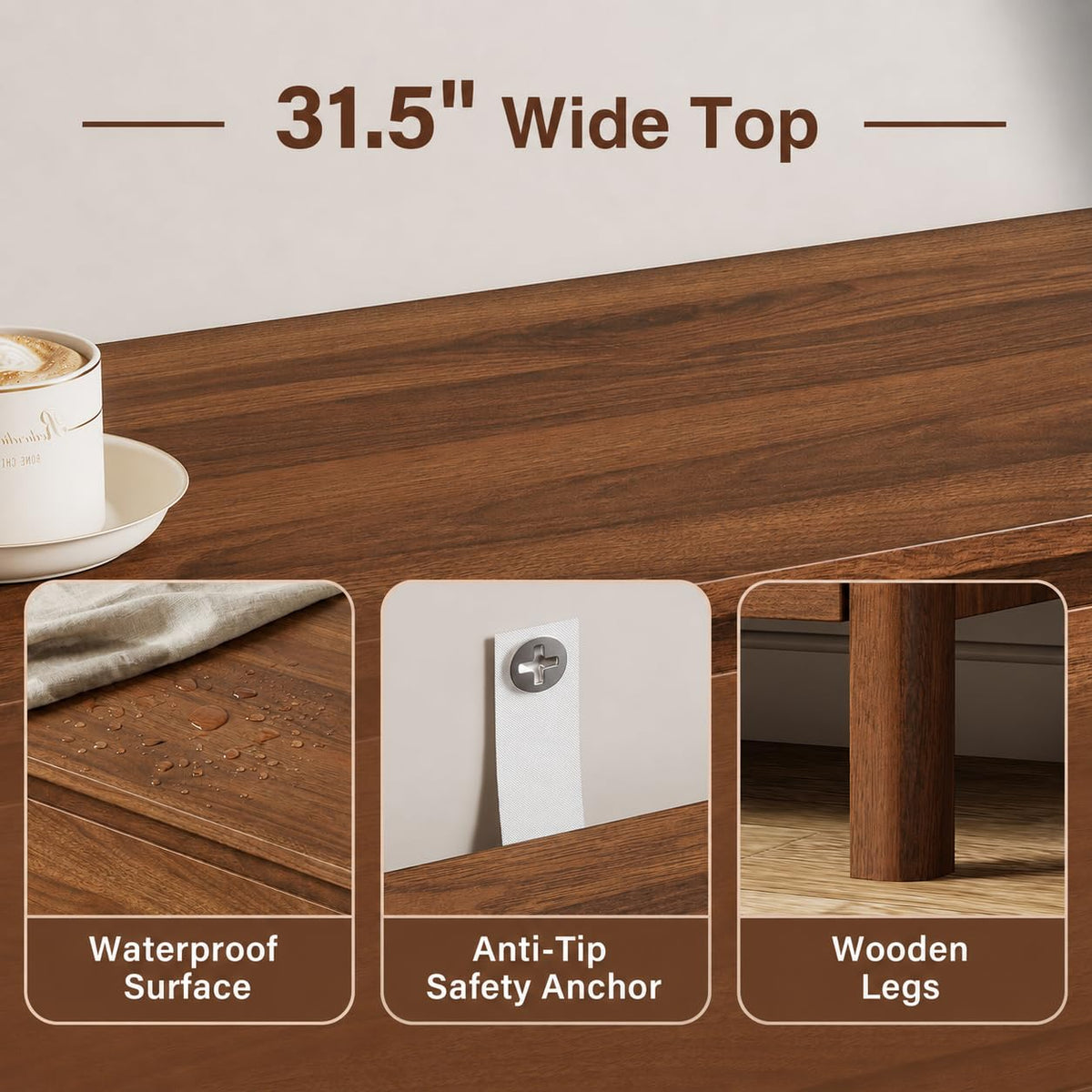 31.5" Wide 3 Drawer Wood Dresser with Legs, Walnut I926