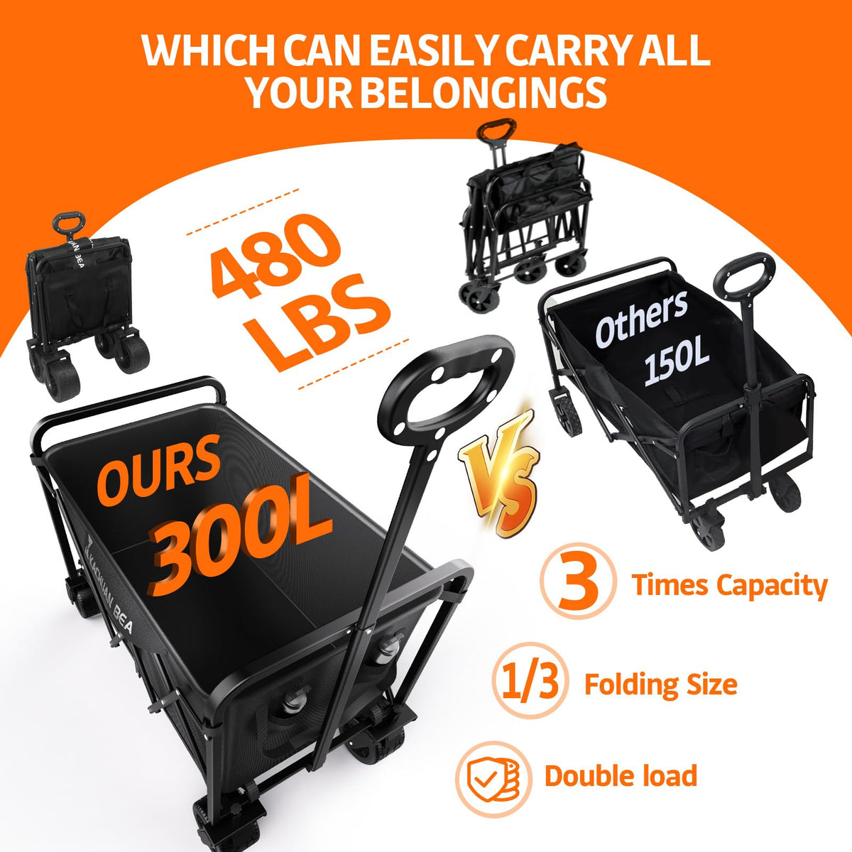 300L Foldable Collapsible Wagon Cart with All-Terrain Wheels Q133