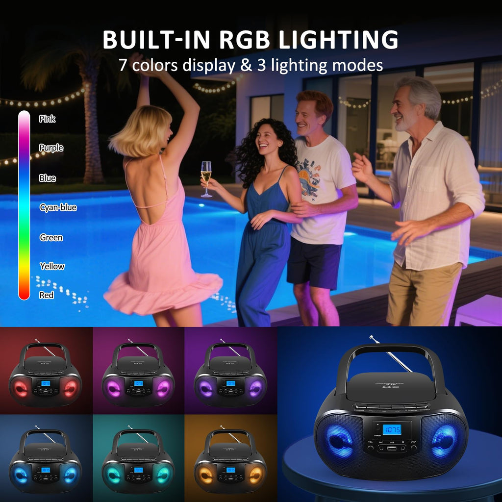 Portable CD Player Boombox with FM Radio, Bluetooth, Remote Control, Black K845072