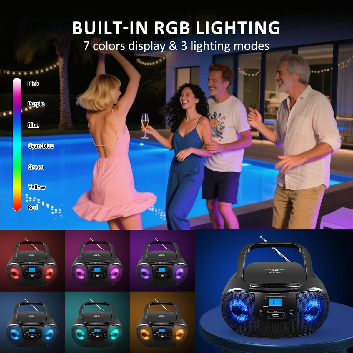 Portable CD Player Boombox with FM Radio, Bluetooth, Remote Control, Black K845072