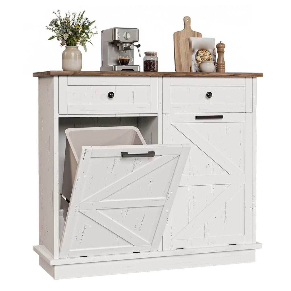 White Double Tilt Out Trash Can Cabinet with 2 Storage Drawers M359402