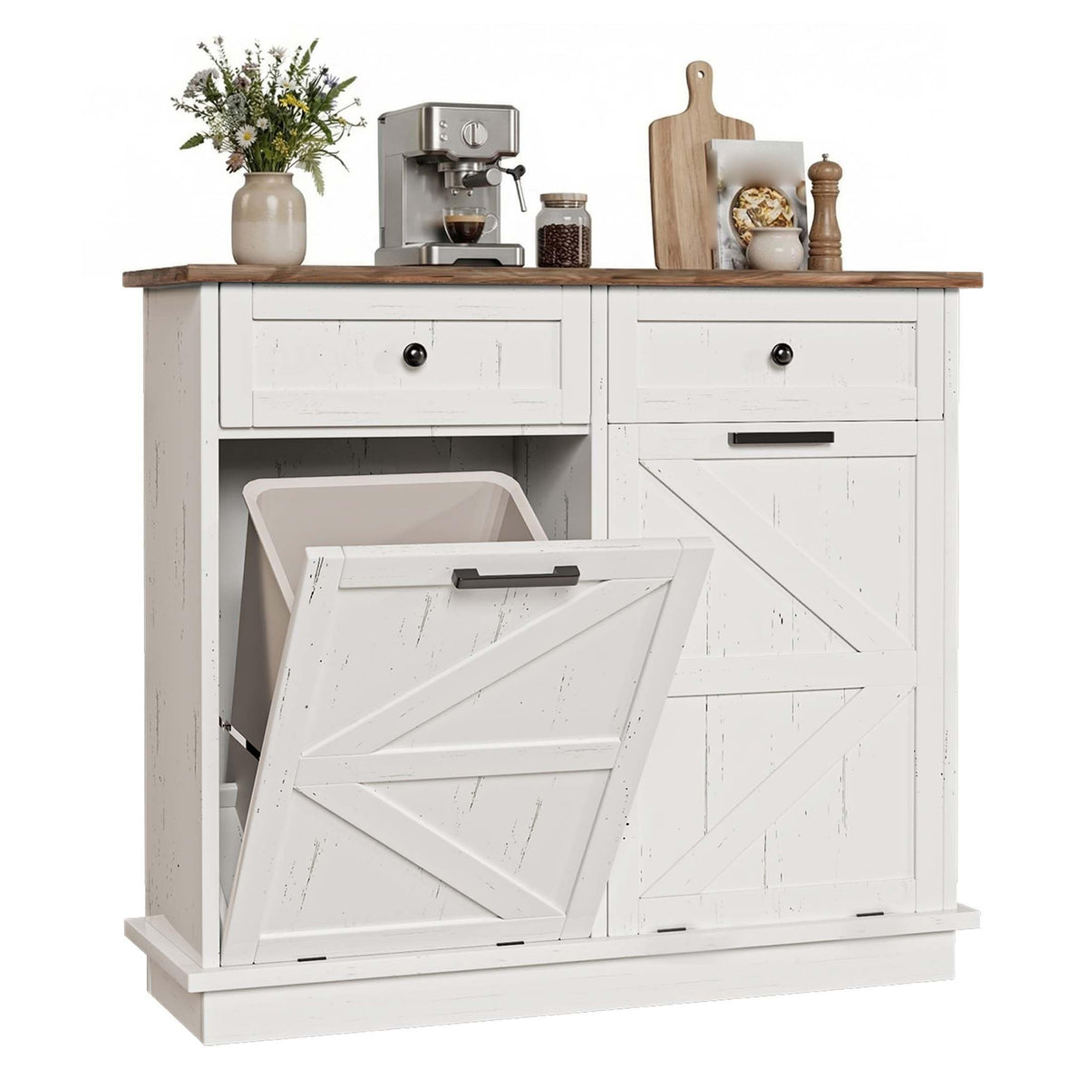 White Double Tilt Out Trash Can Cabinet with 2 Storage Drawers M359402
