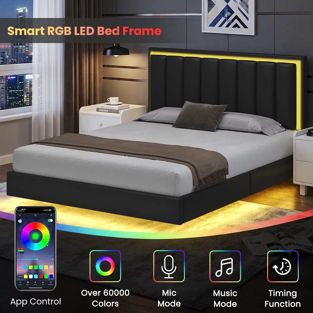 Black Full Size Floating Bed Frame with LED Lights O228