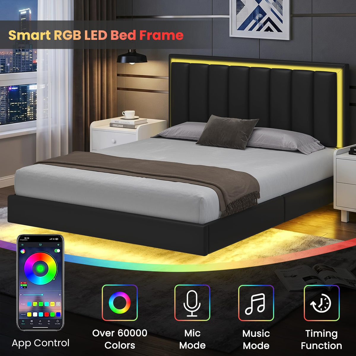 Black Full Size Floating Bed Frame with LED Lights O228