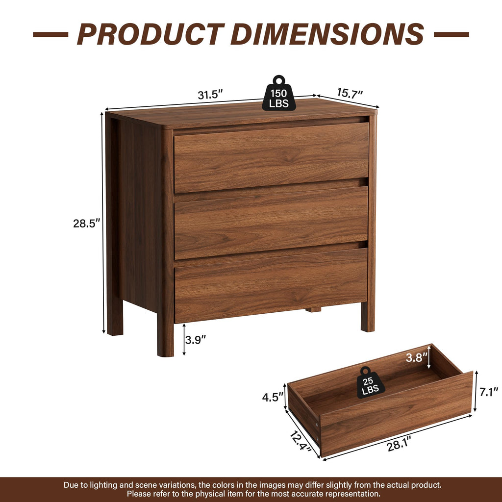 31.5" Wide 3 Drawer Wood Dresser with Legs, Walnut I926