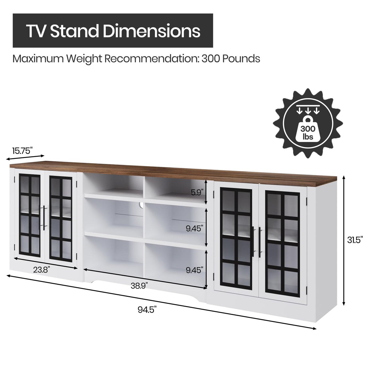 White TV Stand with Storage Cabinet and 3-Tier Open Shelves B21673