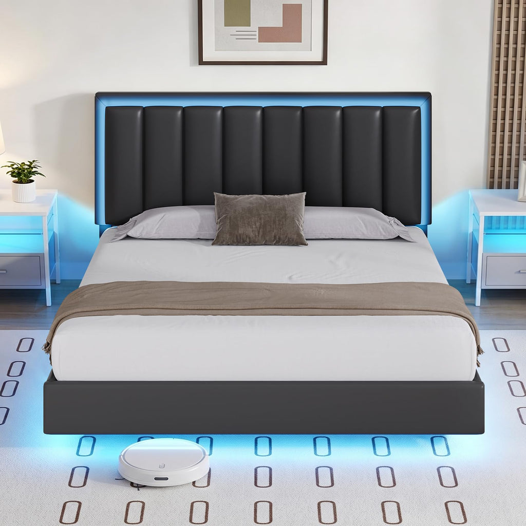 Black Full Size Floating Bed Frame with LED Lights O228