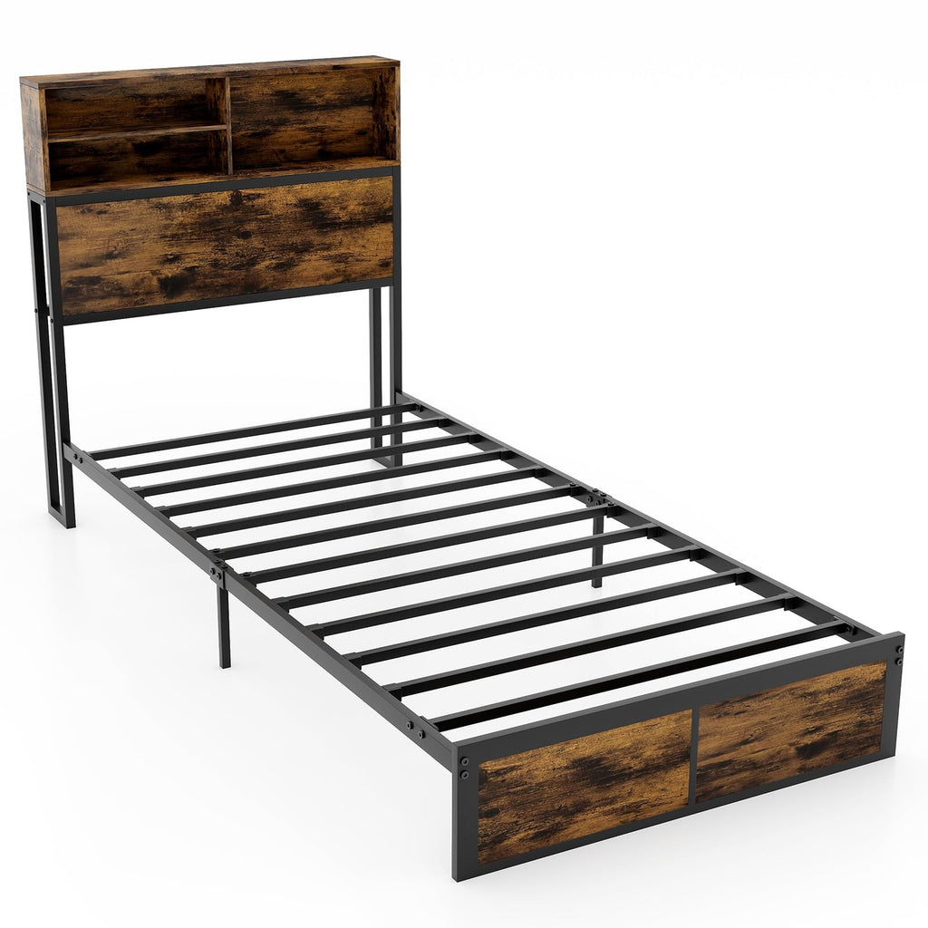Twin Metal Platform Bed Frame with Storage Headboard Z541
